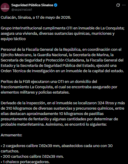 Sinaloa informa decomiso de droga y armas tras un inmueble en resguardo.
