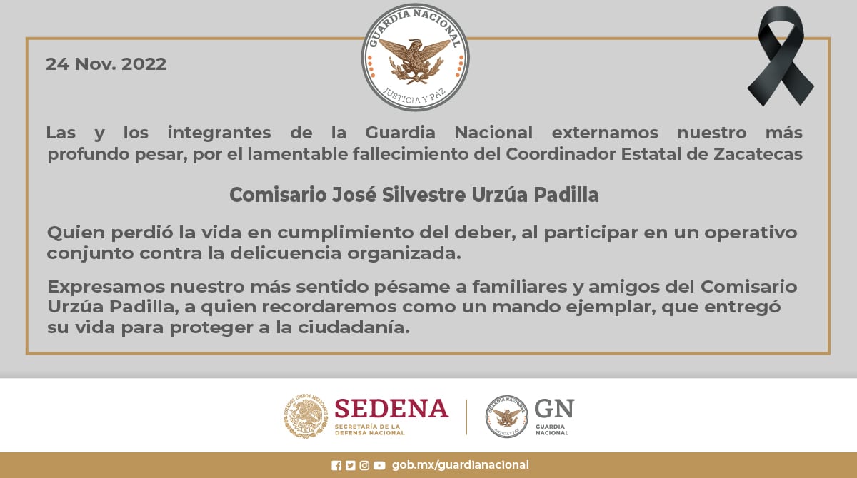 José Silvestre Urzúa Padilla, general y coordinador de la Guardia Nacional, murió en un enfrentamiento en Zacatecas