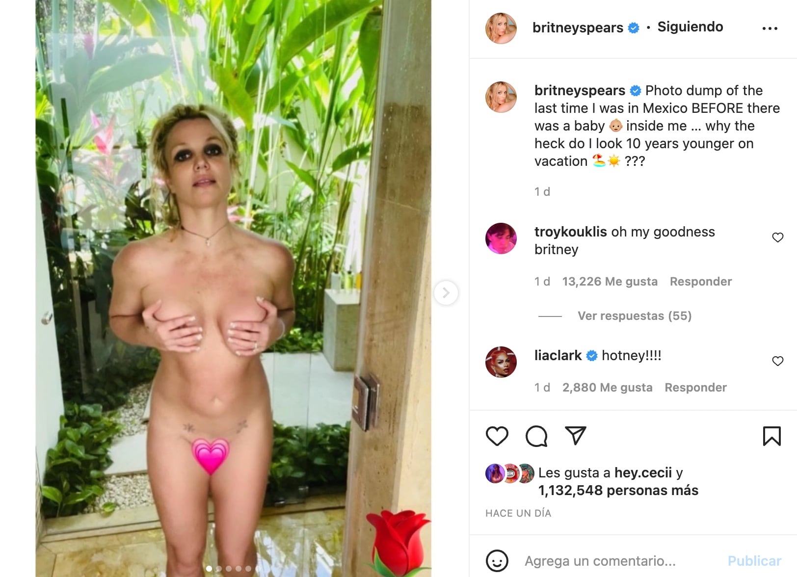 Britney Spears dice que se ve más joven en vacaciones