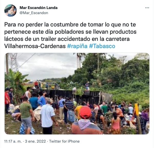 opinión de usuario en Twitter sobre saqueo de tráiler en Tabasco