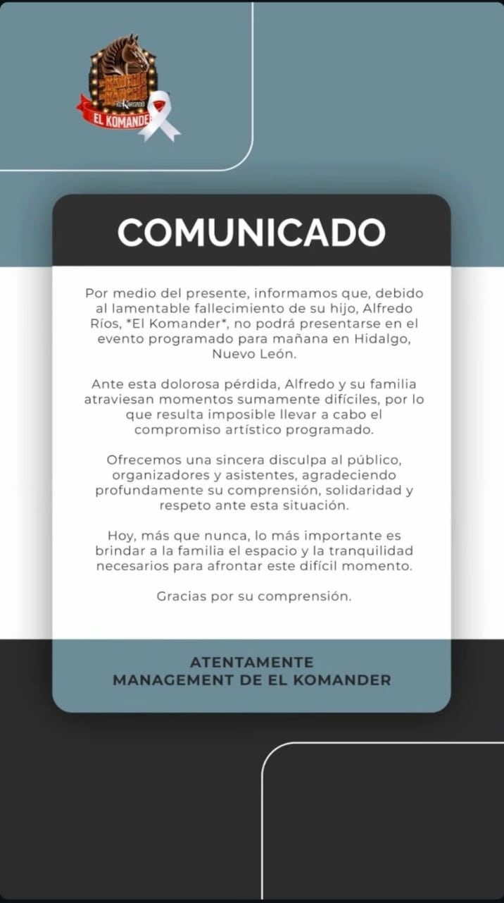 Muere el hijo de El Komander; cantante cancela concierto en Nuevo León