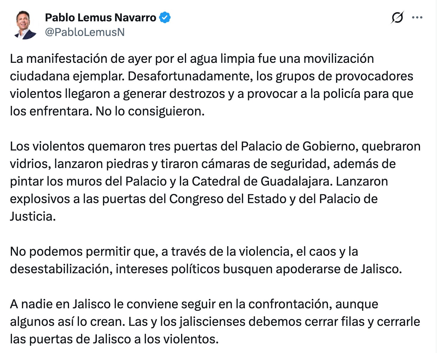 Pablo Lemus reconoce carácter pacífico de la marcha por el agua y condena actos vandálicos