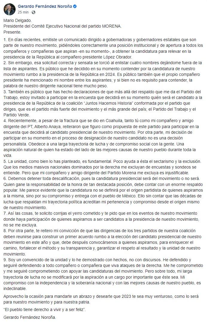 Carta de Gerardo Fernández Noroña a Mario Delgado