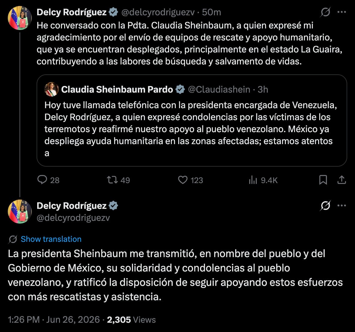 Delcy Rodríguez agradece apoyo de Sheinbaum y México tras los sismos en Venezuela