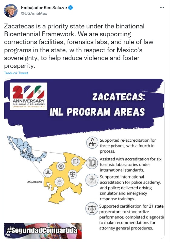 Ken Salazar dice que Zacatecas es un estado prioritario para el Entendimiento Bicentenario