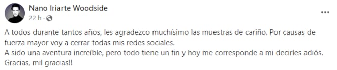 Mensaje que Alejandro Iriarte Woodside compartió antes de su muerte.