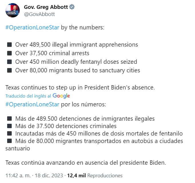 Estadísticas del gobernador Greg Abbott, sobre las deportaciones de migrantes ilegales en Texas