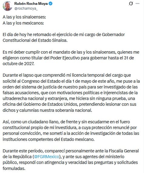 Rubén Rocha Moya informa que vuelve como gobernador de Sinaloa tras licencia.