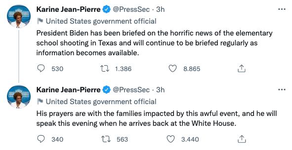 La secretaria de prensa de la Casa Blanca dijo que el presidente Joe Biden había sido informado sobre el tiroteo de Texas.