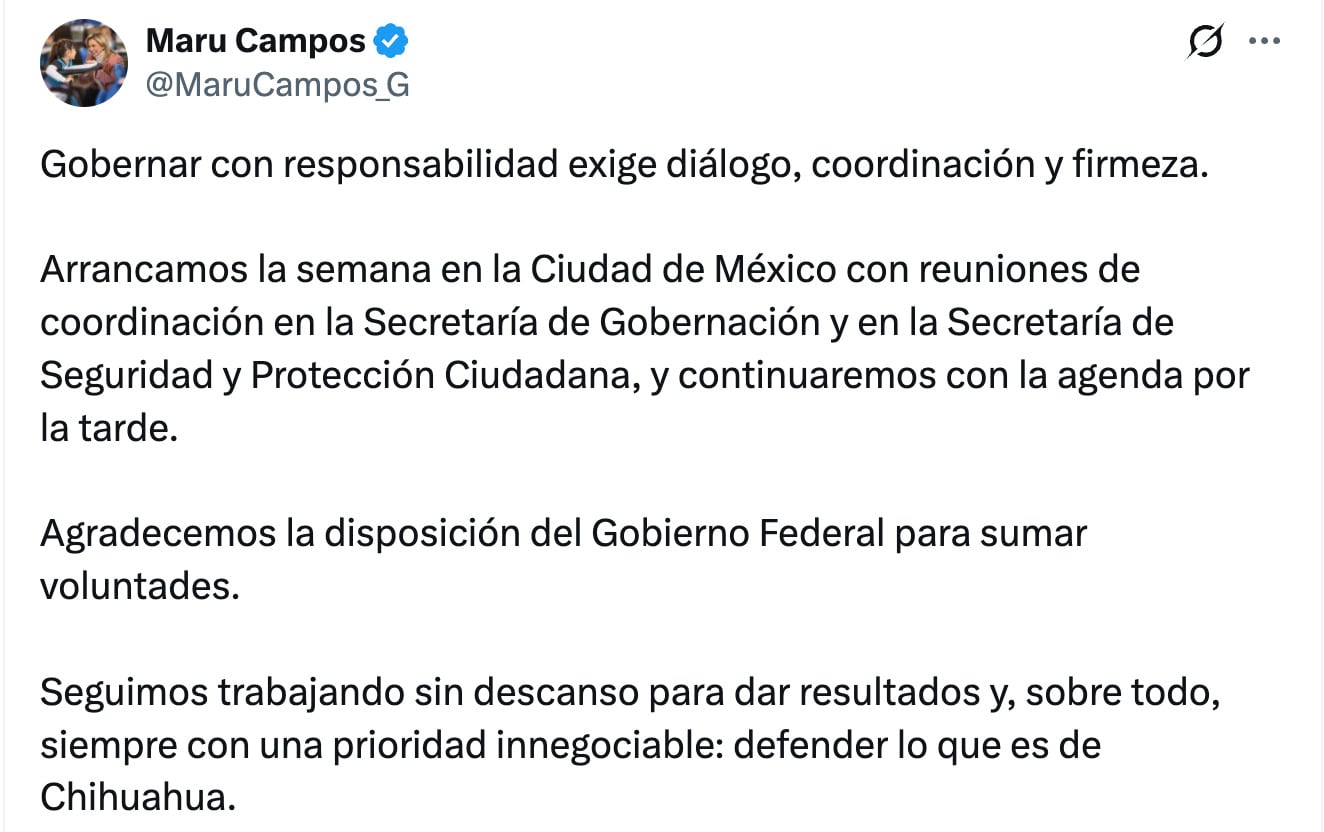 Maru Campos agradece a Sheinbaum tras reuniones con Segob y SSPC en CDMX