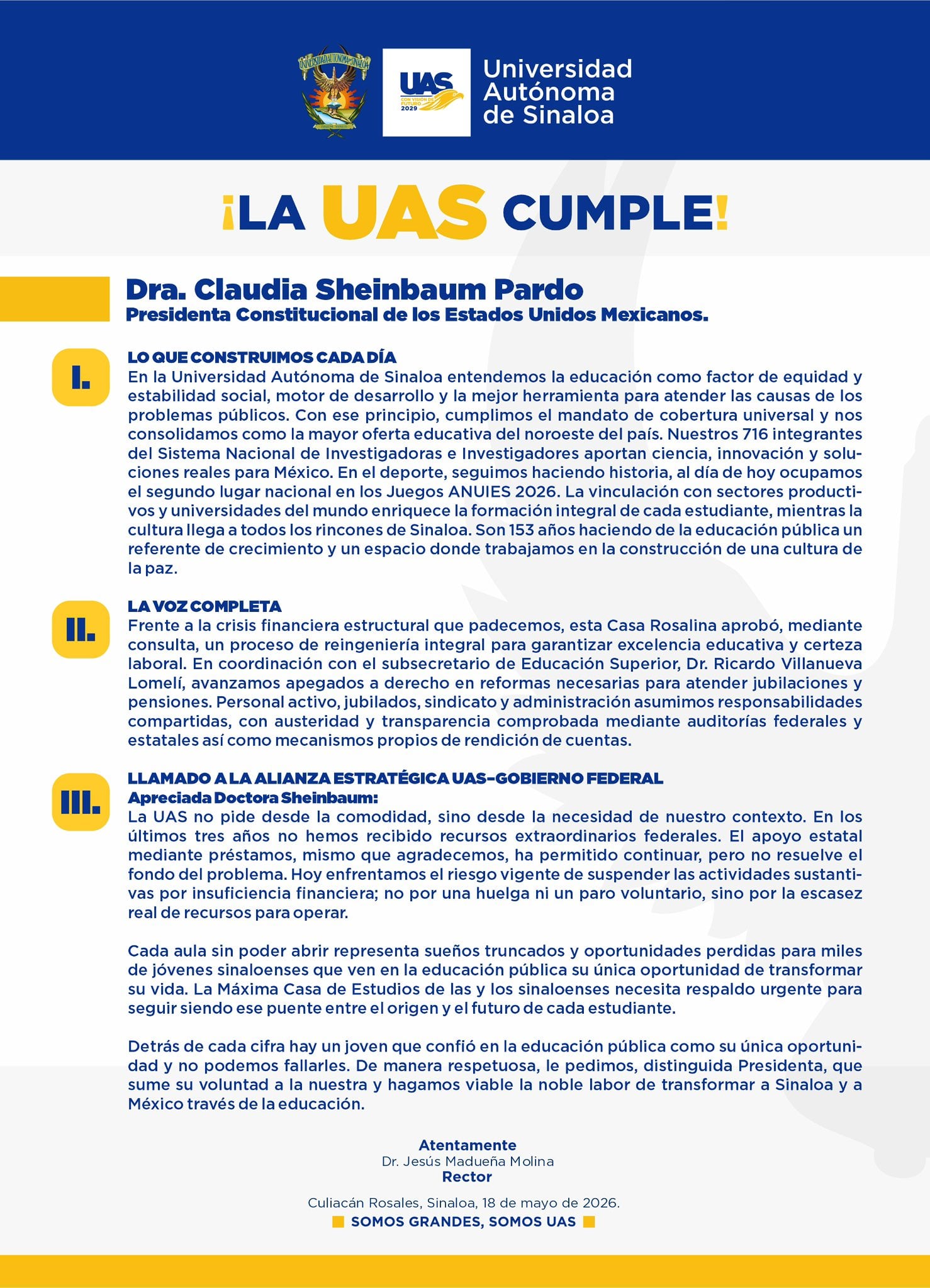 UAS pide apoyo a Sheinbaum ante crisis financiera y falta de recursos