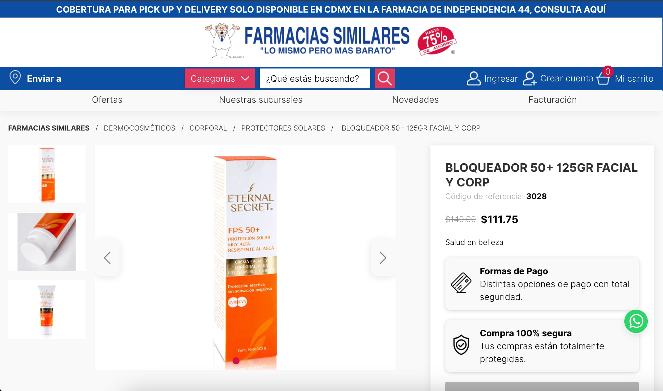 Este es el bloqueador solar Eternal Secret de Farmacias Similares y su precio