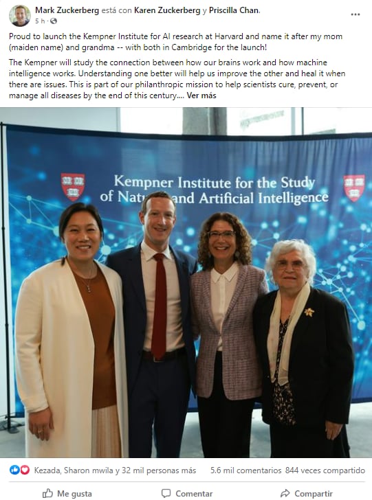 Mark Zuckerberg con su esposa y familia en el anuncio del patrocinio al Instituto Kempner