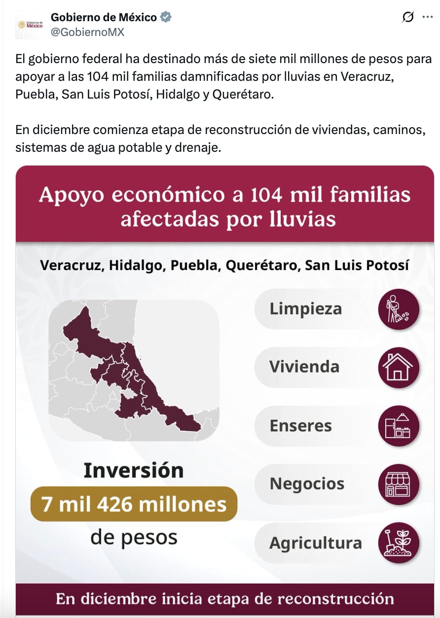 Etapa de reconstrucción tras lluvias iniciará en diciembre