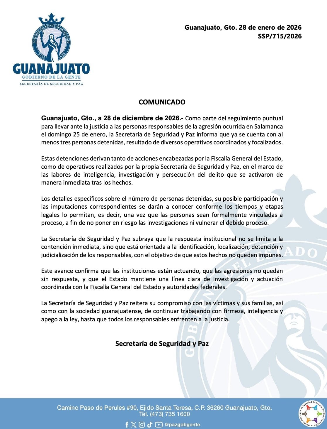 Fiscalía de Guanajuato confirma tres detenidos