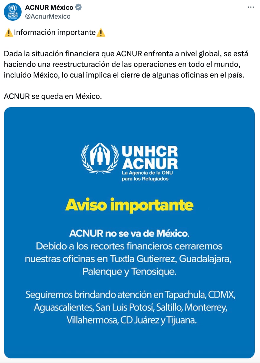 ACNUR México cierra 4 oficinas en el país