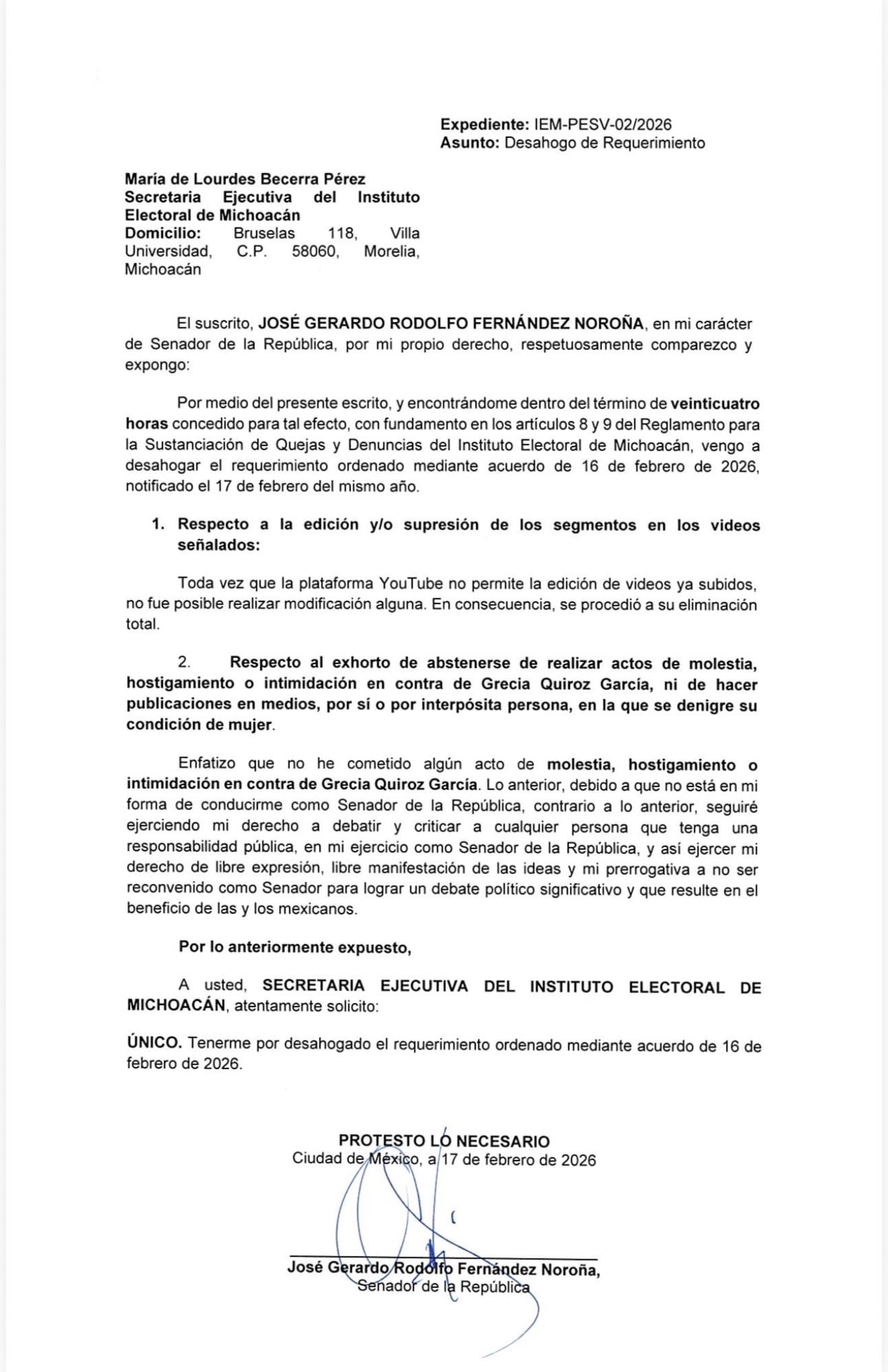 Fernández Noroña responde a señalamientos de hostigamiento de Grecia Quiroz