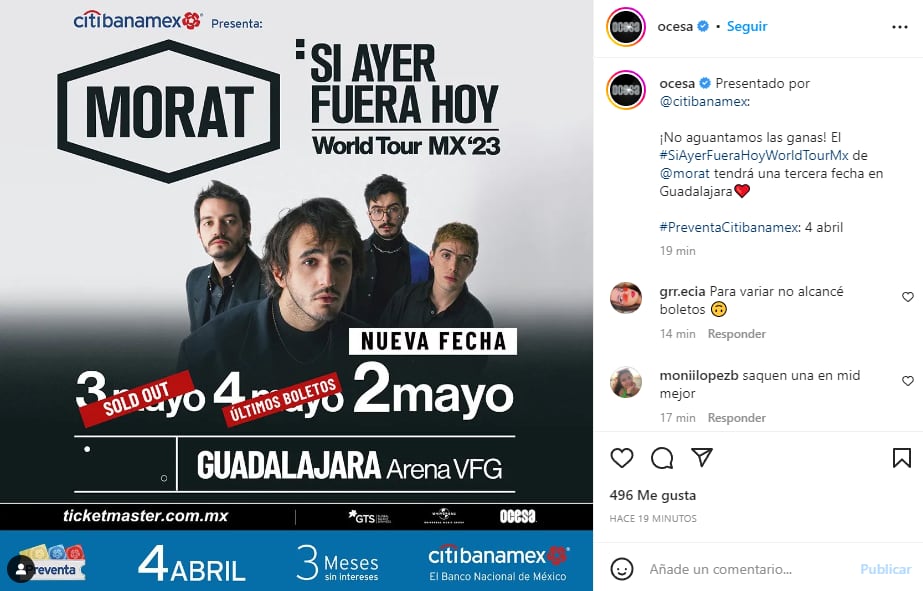Nueva fecha de concierto de Morat en Guadalajara