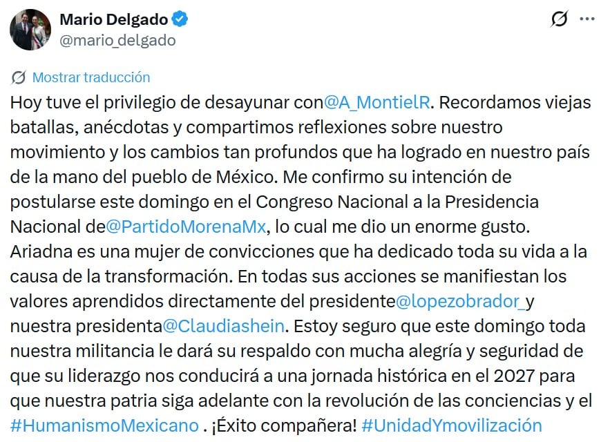 Ariadna Montiel va por Morena: Mario Delgado confirma su postulación