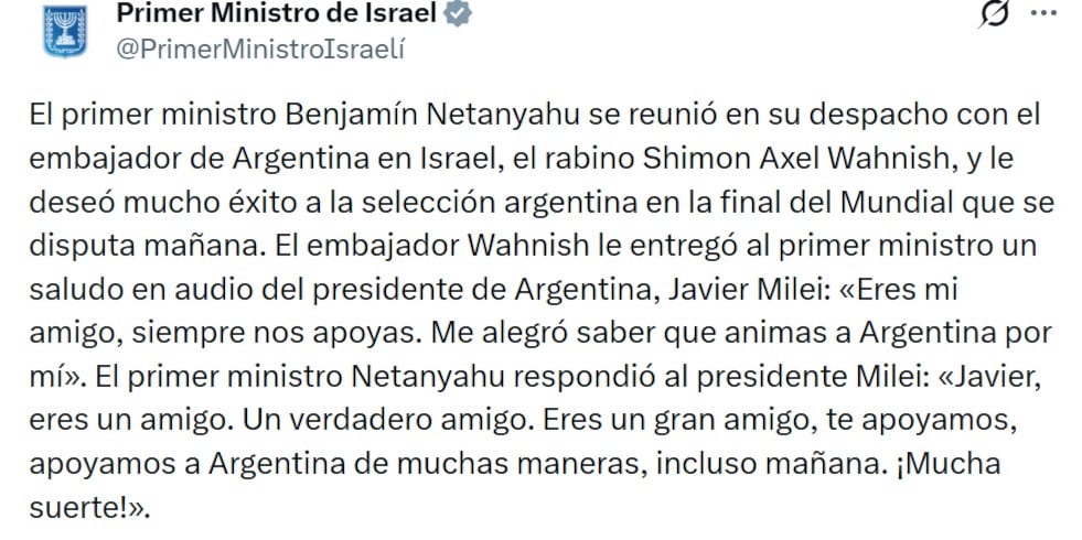 Milei agradece a Netanyahu su respaldo a Argentina rumbo a la final del Mundial 2026