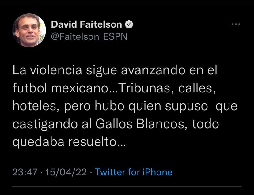David Faitelson condenó a la Liga MX por pensar que con las sanciones a Querétaro, había puesto fin a la violencia en el futbol mexicano.