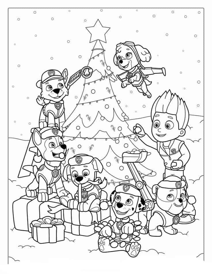 Dibujos de Paw Patrol con un árbol de Navidad para colorear