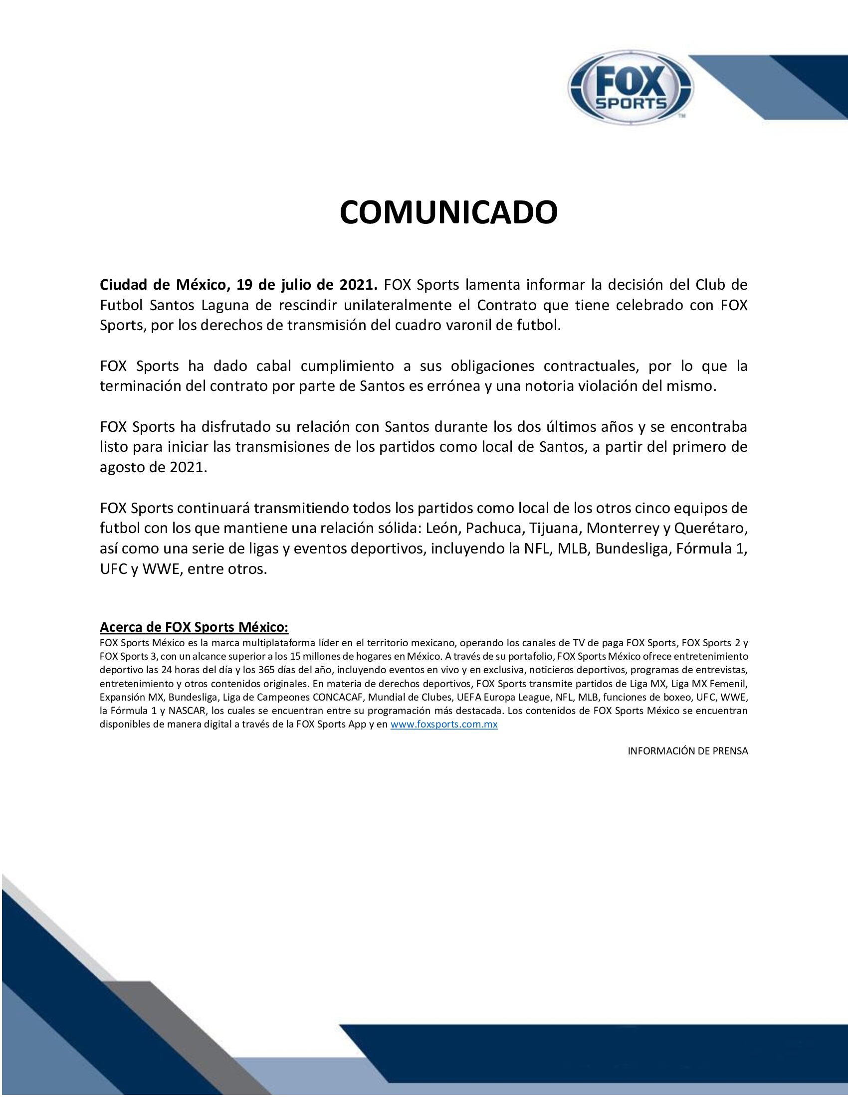 Comunicado de Fox Sports