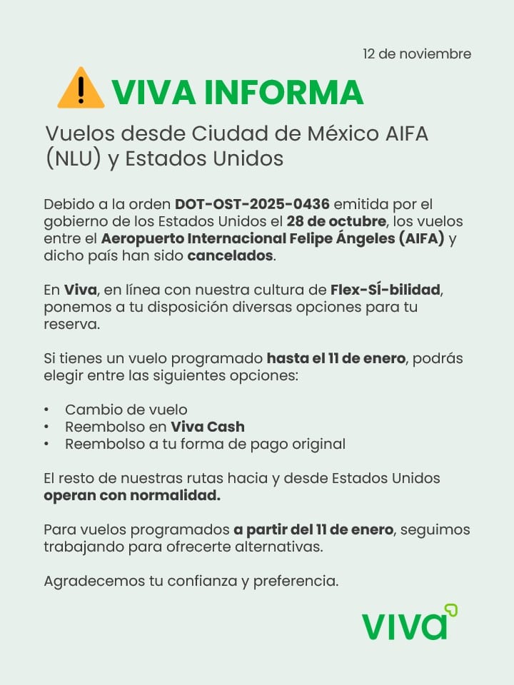 Viva Aerobus mantiene suspendidos los vuelos del AIFA a Estados Unidos