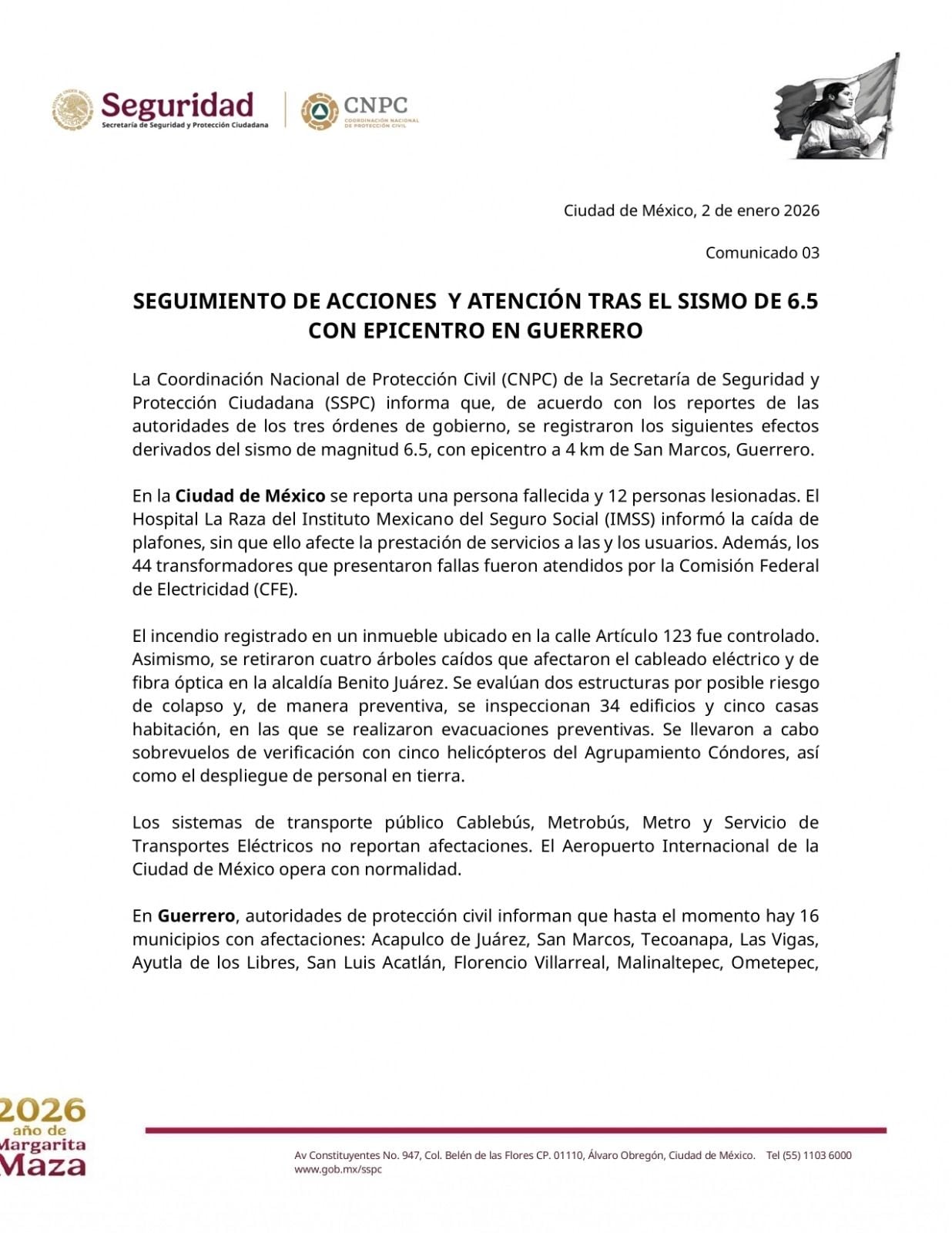 Comunicado tras sismo de hoy 2 de enero.