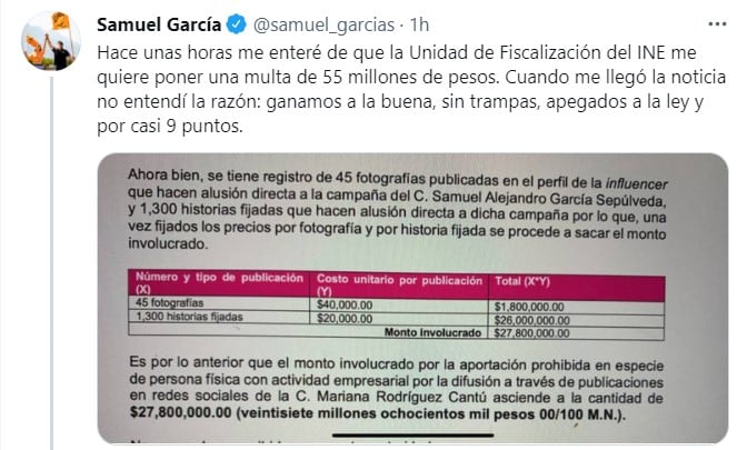Publicación de Samuel García en Twitter