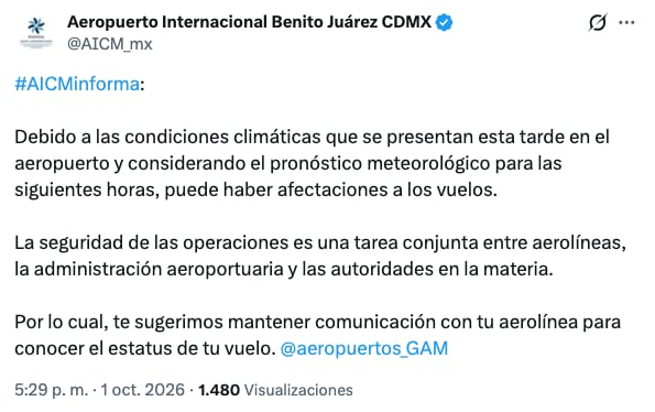 AICM alerta por posibles afectaciones en sus vuelos debido a las lluvias
