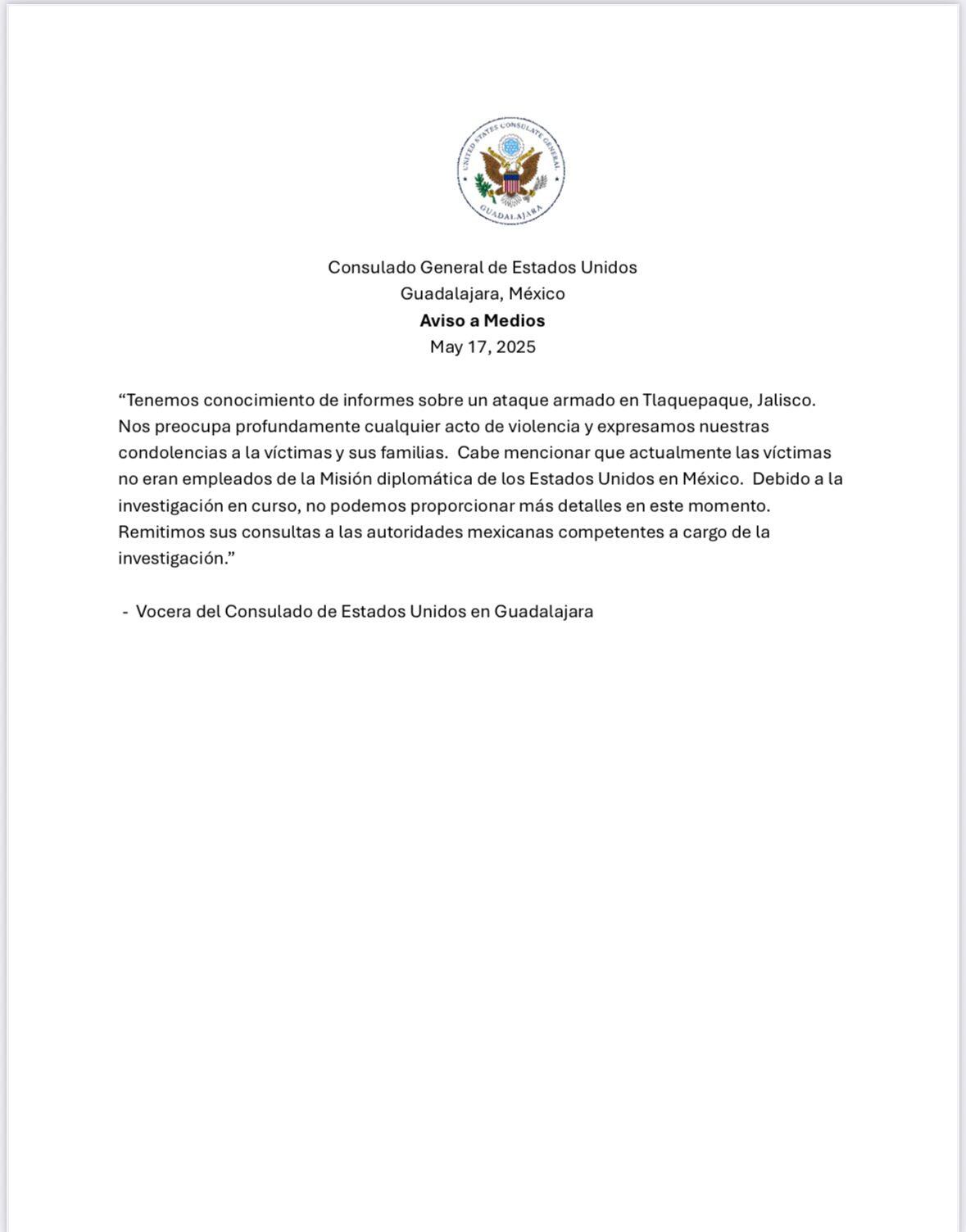 Comunicado del Consulado General de Estados Unidos en Guadalajara donde se desvincula a las víctimas de Tlaquepaque con la misión diplomática