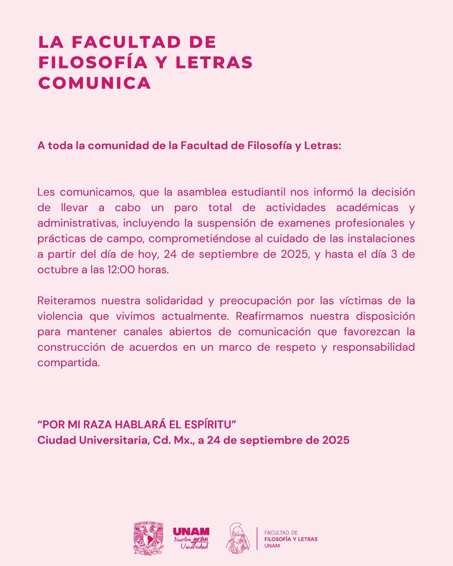 Facultad de Filosofía y Letras de la UNAM se une a paro estudiantil tras muerte en CCH Sur