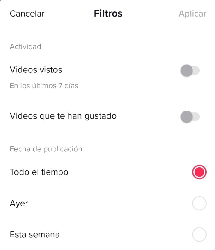 Menú de TikTok para encontrar historial de videos vistos