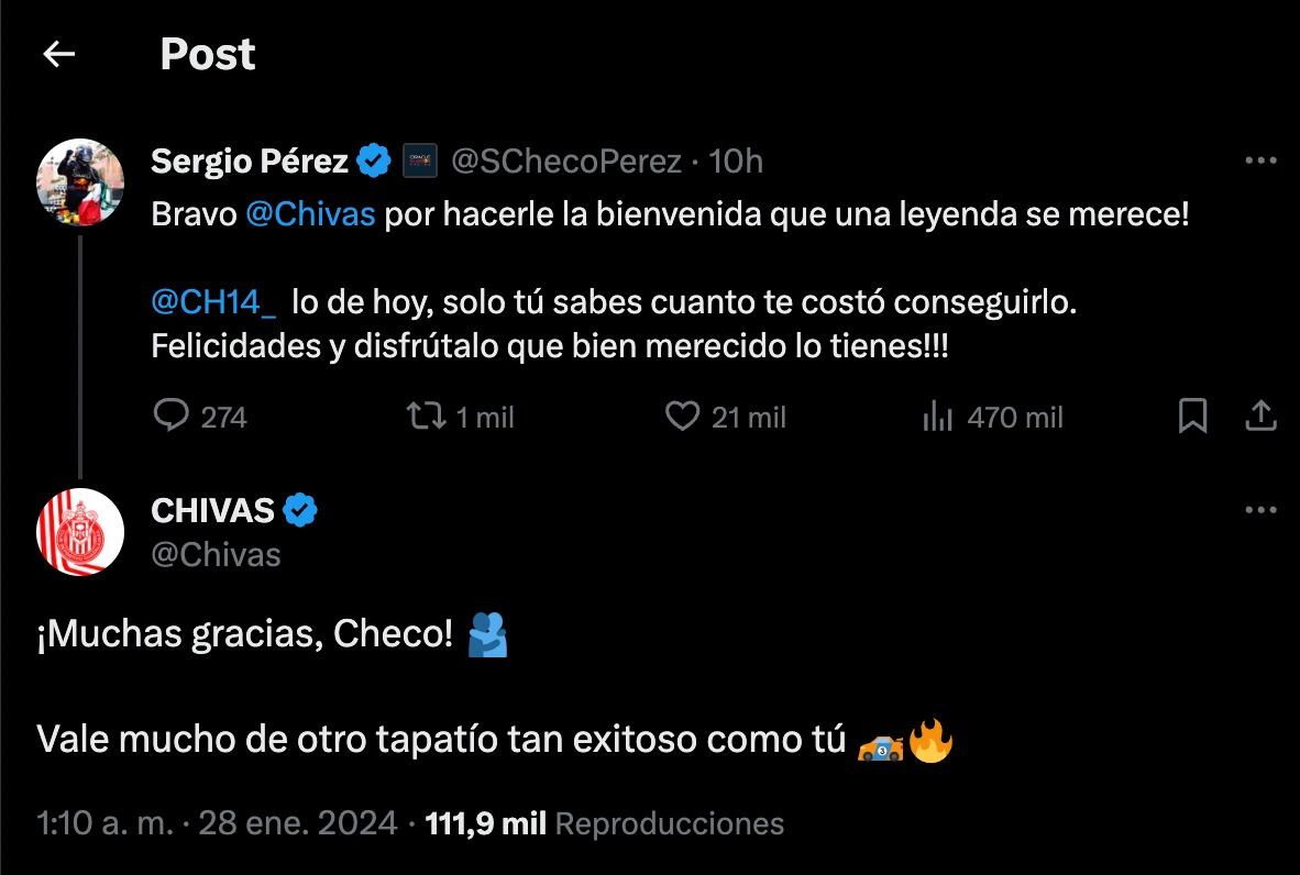 Checo Perez felicita a Chivas y Chicharito