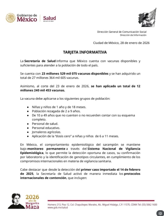 Secretaría de Salud asegura que hay suficientes dosis para combatir brote de sarampión
