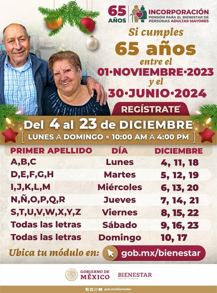 Calendario de la Pensión del Bienestar para Adultos Mayores de diciembre de 2023