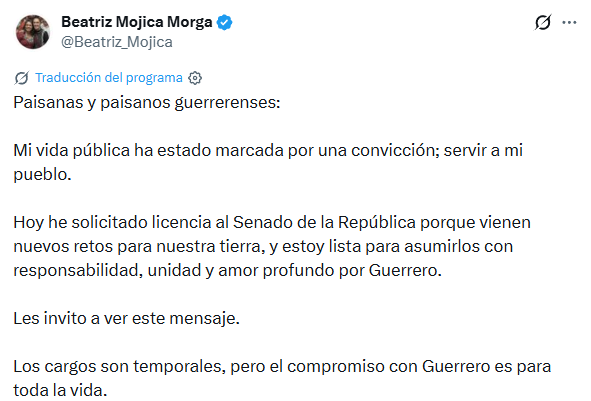 Beatriz Mojica pide licencia al Senado para buscar la candidatura de Morena en Guerrero