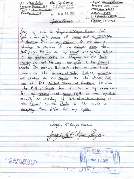 El Chapo Guzmán acusa extradición ilegal y se declara inocente en nuevas cartas