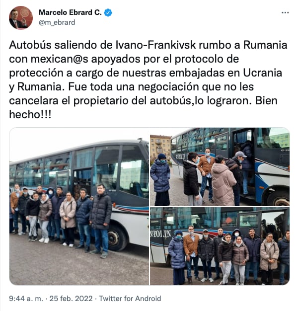 Tuit de Marcelo Ebrard sobre la evacuación de mexicanos en Ucrania