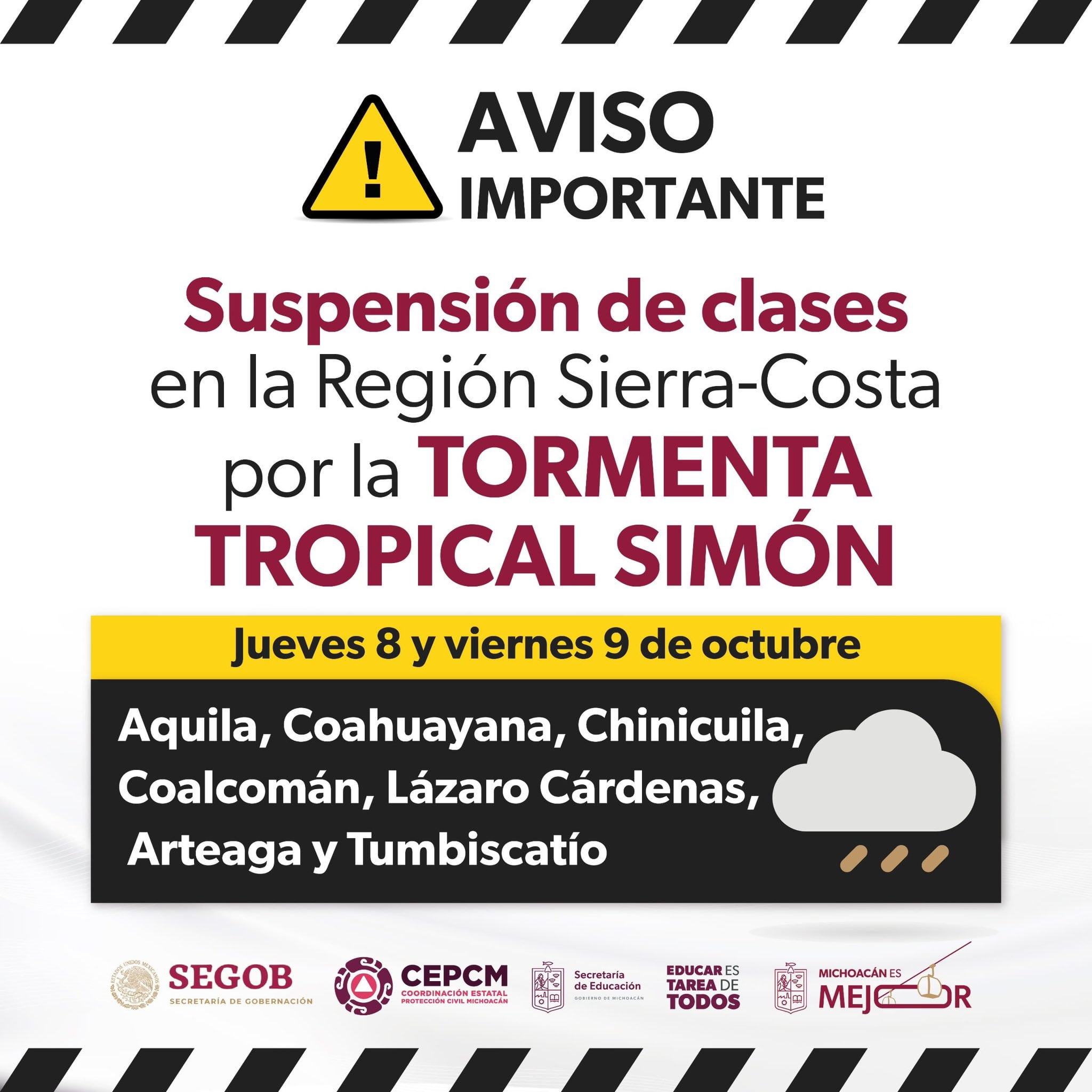 Suspenden clases en Michoacán por la tormenta tropical Simón.