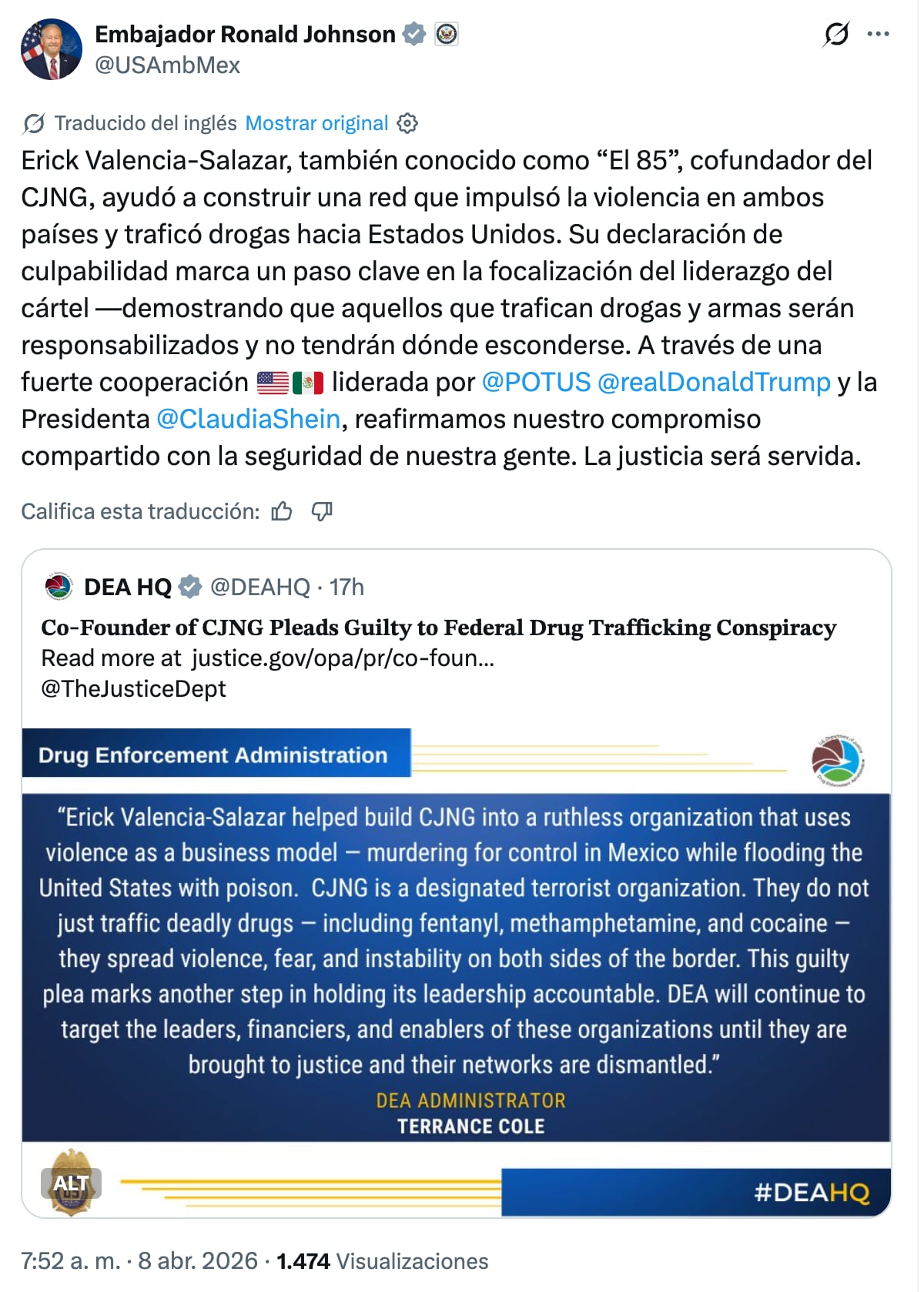 Mensaje de Ronald Johnson, embajador de Estados Unidos en México