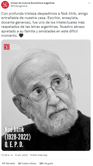 Muere el escritor Noé Jitrik a los 94 años de edad