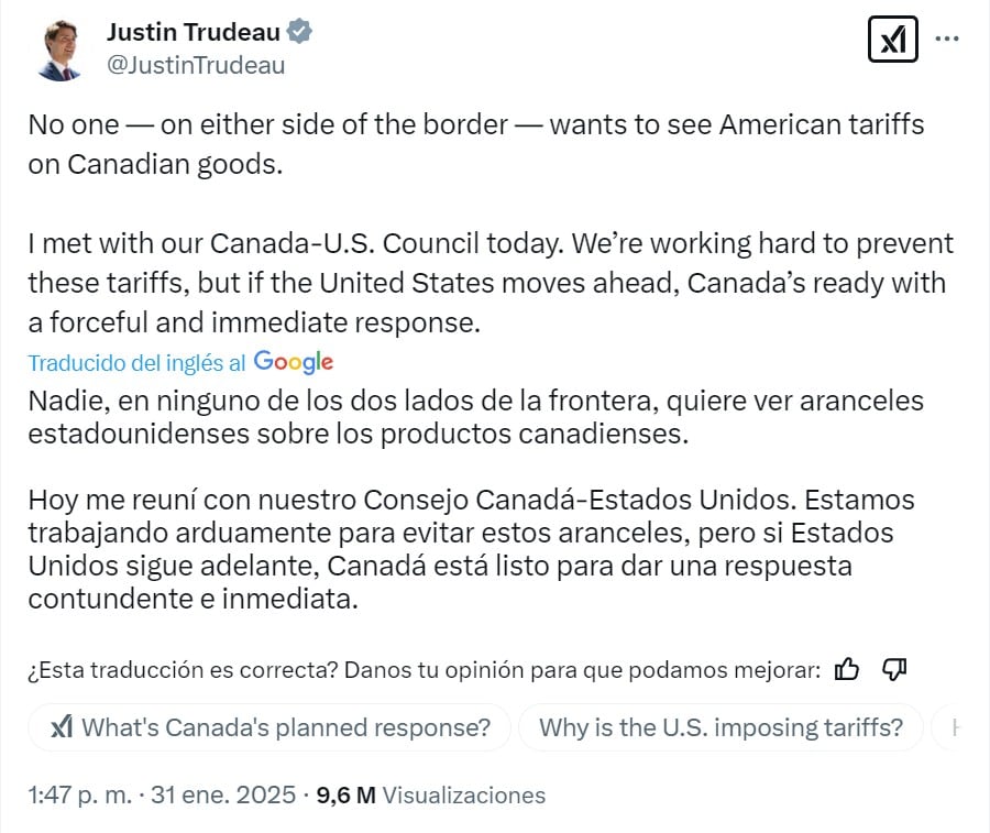 Justin Trudeau sobre aranceles de Estados Unidos