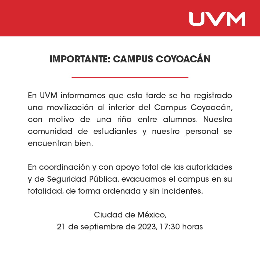 Comunicado UVM Coyoacán