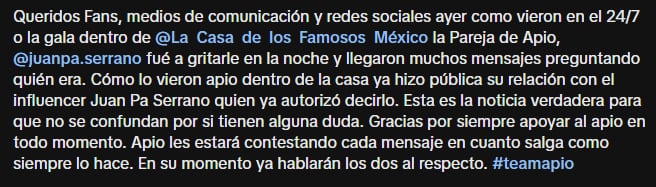 Apio Quijano revela la identidad de su novio; JuanPa Serrano.