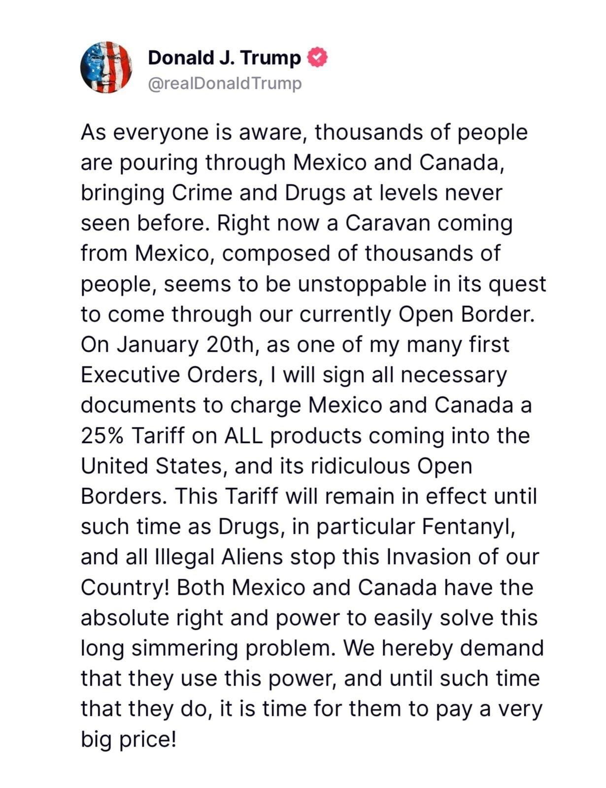 Mensaje Donald Trump publicado en Truth Social
