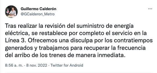 Guillermo Calderón, director del Metro se disculpa por fallas eléctricas en la línea 3 con los usuarios