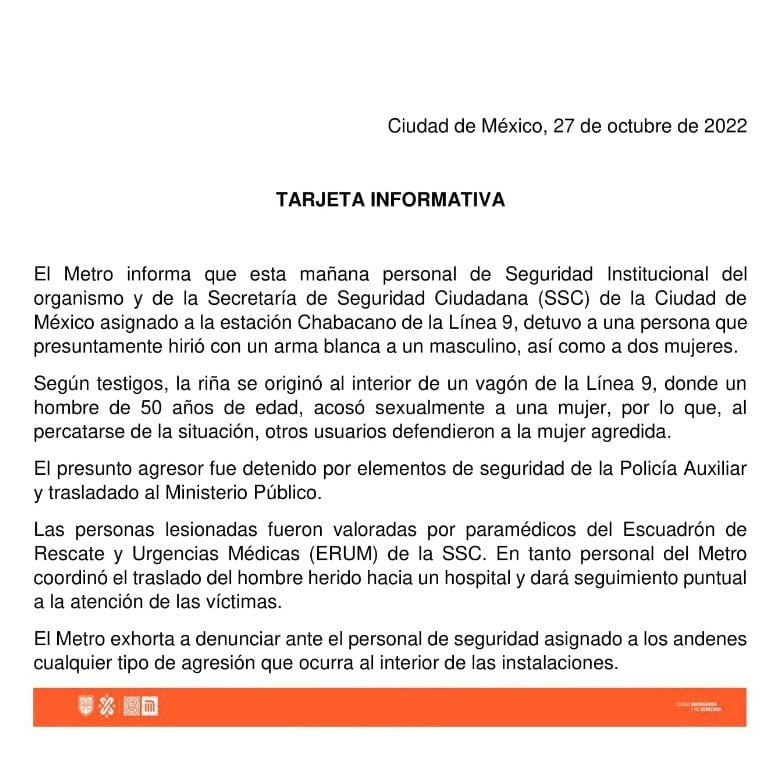 ¿Qué pasó en la estación Chabacano del Metro CDMX? Acosador atacó con navaja a un hombre y dos mujeres
