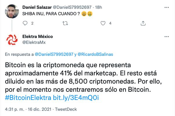 Elektra sólo trabajará con BitCoin/@ElektraMx